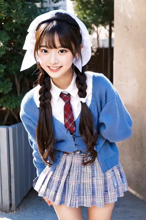 Hold Valentine&#39;s Day&#39;s day chocolate in both hands、high school girl, 18-year-old, Wearing a super miniskirt uniform with a light blue plaid pattern and a white dress shirt..