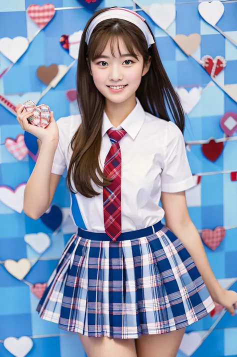 An 18-year-old high school girl wearing a super miniskirt with a light blue plaid pattern and a white dress shirt..、Hold Valentine&#39;s Day&#39;s day chocolate in both hands