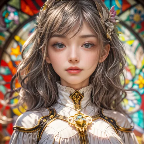 KAWAII girl in ((WHITE)) (loose opened uniform), with Glossy RED lips, (Exposed:0.7), (nipple:-1), { Extremely closeup | Dynamic-angle }, ((Dazzling stained glass Background)), (( colorful Light pours down from stunning elaborate stained glass:1.2)), vivid...