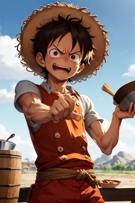 Illustration de 1boy, wanostyle, monkey d luffy, angry look, ((animated)), chapeau de paille, ((colored)), 8K, ((chef-d&#39;artwork)), HDR, very detailed, professionnel 