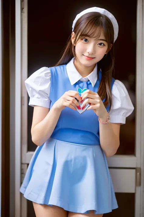 An 18-year-old high school girl wearing a light blue miniskirt and a white shirt..、Hold Valentine&#39;s Day&#39;s day chocolate in both hands