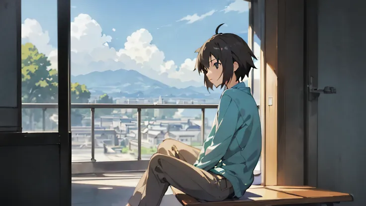 Anime girl sitting on a bench and looking out the window, makoto shinkai Style, visual novel cg, Shinkai Makoto style, kyoto animation still, ( ( makoto shinkai ) ), makoto shinkai&#39;art style, makoto shinkai!,Ghibli anime style, ; visual novel, Drawn at...