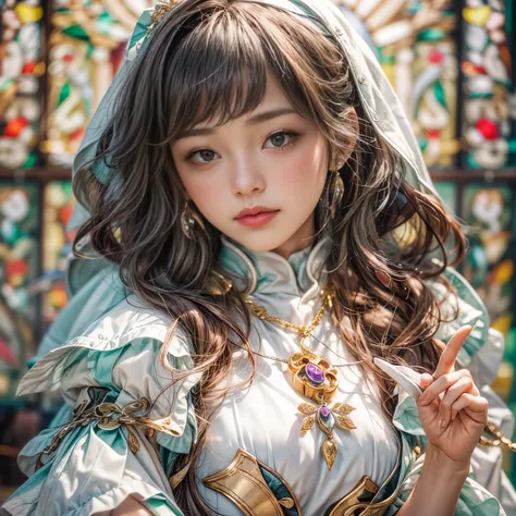 KAWAII girl in ((WHITE loose opened uniform)), with Glossy RED lips, (Exposed:0.7), (nipple:-1), { Extremely closeup | Dynamic-angle }, ((Dazzling stained glass Background)), (( colorful Light pours down from stunning elaborate stained glass:1.2)), vivid R...