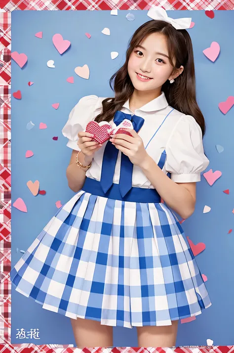 An 18-year-old high school girl wearing a super miniskirt with a light blue plaid pattern and a white dress shirt..、Hold Valentine&#39;s Day&#39;s day chocolate in both hands