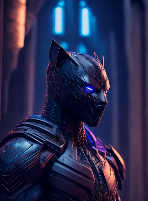 somber portrait of Terminator Black Panther from Marvel with intricate angular cybernetic implants inside a brutalist building, gothic brutalist cathedral, cyberpunk, award-winning photo, bokeh, neon lights, cybernetic limb