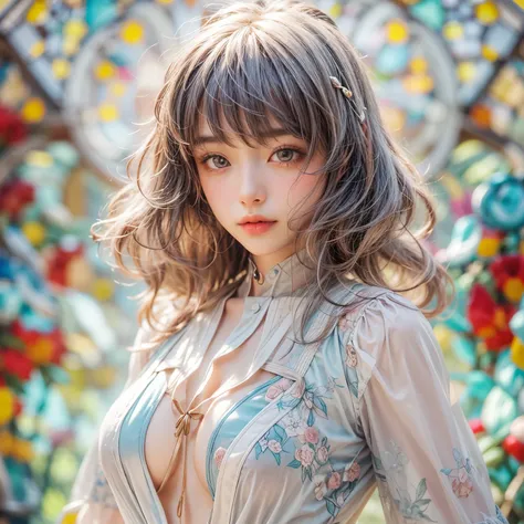 KAWAII girl in ((WHITE loose opened )), with Glossy RED lips, (Exposed:0.7), (nipple:-1), { Extremely closeup | Dynamic-angle }, ((Dazzling stained glass Background)), (( colorful Light pours down from stunning elaborate stained glass:1.2)), vivid Red colo...