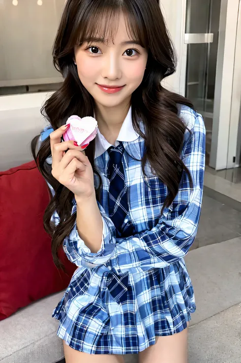 Hold Valentine&#39;s Day&#39;s day chocolate in both hands、She is wearing a light blue plaid miniskirt and a white dress shirt.、High school girl 18 years old