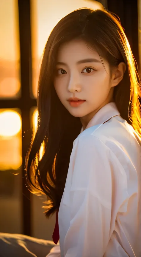 wear white shirt, soft Sunset lighting, 柔和的golden hour lights, with sunset, Beautiful young Korean woman, Sunset lighting, beautiful soft lighting, hot，sunny, beautiful korean woman, soft sunshine, in the golden hour, Under the soft and dreamy light of the...