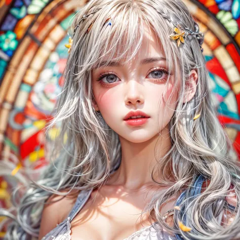 KAWAII girl in ((WHITE loose opened )), with Glossy RED lips, (Exposed:0.7), (nipple:-1), { Extremely closeup | Dynamic-angle }, ((Dazzling stained glass Background)), (( colorful Light pours down from stunning elaborate stained glass:1.2)), vivid Red colo...