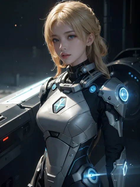 ((Best Quality)), ((Masterpiece)), (Very Detailed:1.3), 3D, Shitu-mecha, Beautiful blonde hair cyberpunk woman with her white and blue mech in the ruins of a city in the forgotten war, Ancient technology, HDR (High Dynamic Range), ray tracing, NVIDIA RTX, ...