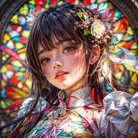 KAWAII girl in ((WHITE loose opened Uniform)), with Glossy RED lips, (Exposed:0.7), (nipple:-1), { Extremely closeup | Dynamic-angle }, ((Dazzling stained glass Background)), (( colorful Light pours down from stunning elaborate stained glass:1.2)), vivid R...