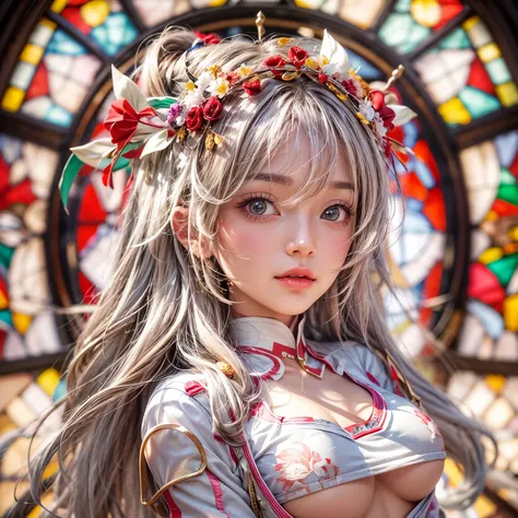 KAWAII girl in ((WHITE loose opened Uniform)), with Glossy RED lips, (Exposed:0.7), (nipple:-1), { Extremely closeup | Dynamic-angle }, ((Dazzling stained glass Background)), (( colorful Light pours down from stunning elaborate stained glass:1.2)), vivid R...