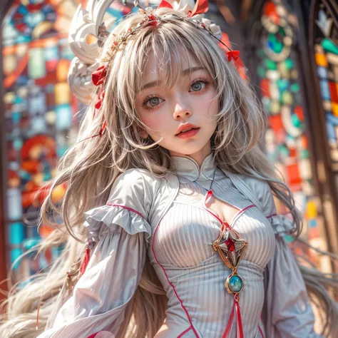 KAWAII girl in ((WHITE loose opened Uniform)), with Glossy RED lips, (Exposed:0.7), (nipple:-1), { Extremely closeup | Dynamic-angle }, ((Dazzling stained glass Background)), (( colorful Light pours down from stunning elaborate stained glass:1.2)), vivid R...