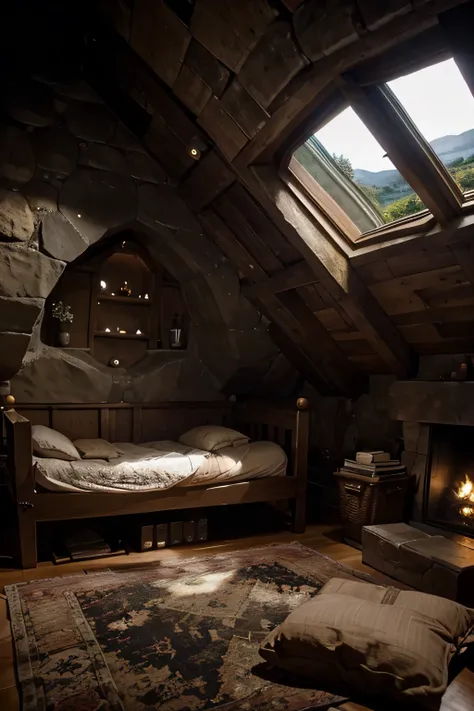 This room is inspired by a hobbit cave..、Cozy reading corner、bed、Stove complete。Mountains at night seen through a large round window々々offers a view of。。natural rock texture for ceiling and walls。アコースティックギターがbedの上にあります。Moonlight shines through the skylight。