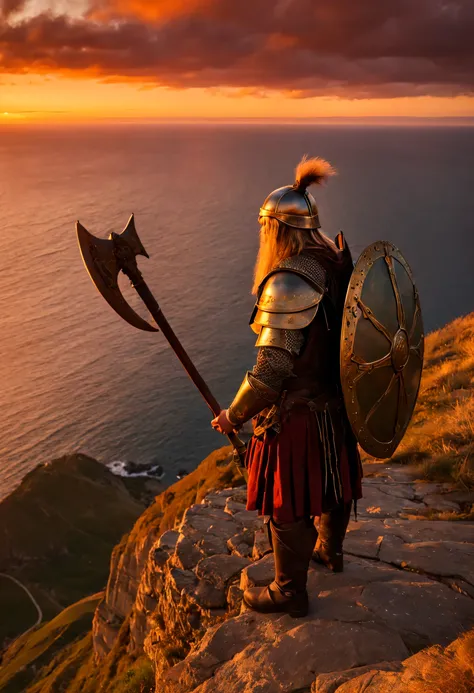 "masterpiece, best quality, 4K, high detail, Super detailed, Egil stands on the edge of the cliff, He turned his back to the setting sun and the vast North Sea, His face was illuminated by the golden afterglow of the setting sun, appear thoughtful and calm...