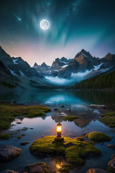 (best quality,4k,8k,highres,masterpiece:1.2),ultra-detailed,(realistic,photorealistic,photo-realistic:1.37),fantasy landscape,mysterious,lake,(full moon shining in a starry sky),glowing aurora,colorful,natural lighting