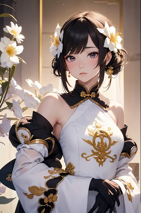 masterpiece,best quality,1girl, ganyu (genshin impact), solo, qingxin flower, detached sleeves, blush, looking at viewer, bare shoulders, white flower, white sleeves, neck bell, black gloves, gold trim, vision (genshin impact), flower knot, chinese knot, h...