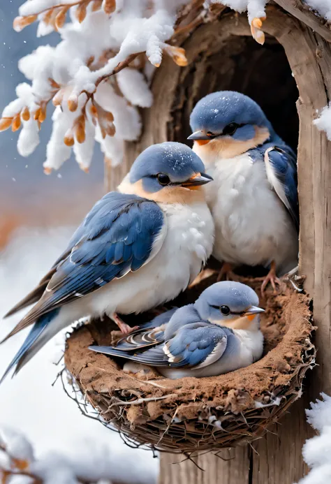 in style of Gouache artwork, beautiful detailed ,(The mother swallow is feeding the little swallows in the nest),(Two tiny baby swallows opened their little mouths wide and used their immature mouths to fight for the little bugs brought by their mother.),F...