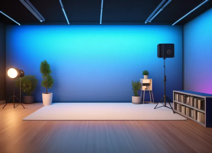 Generate a realistic YouTube studio background. It has a floating shelf with books and modern decoration lights. the room is lighted by dim blue lights and there is a RGB light coming out from the ground. (masterpiece),(high quality), best quality, real,(r...