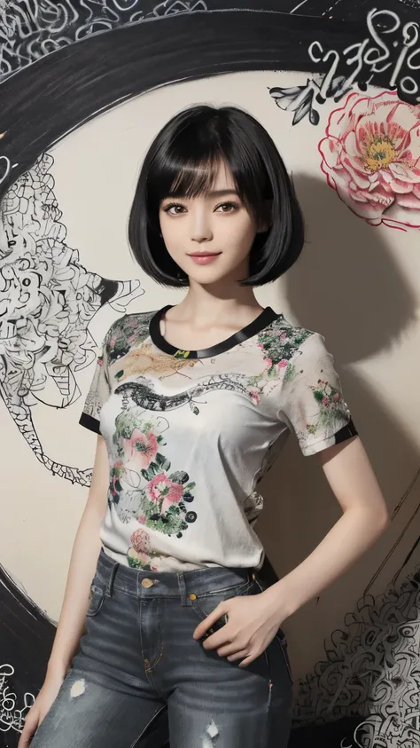 154
(black shorthair:1.46),  (a 20 yo woman), (a hyper-realistic), (masterpiece), (8kuhd), (gentle smile), slender waist, wearin...