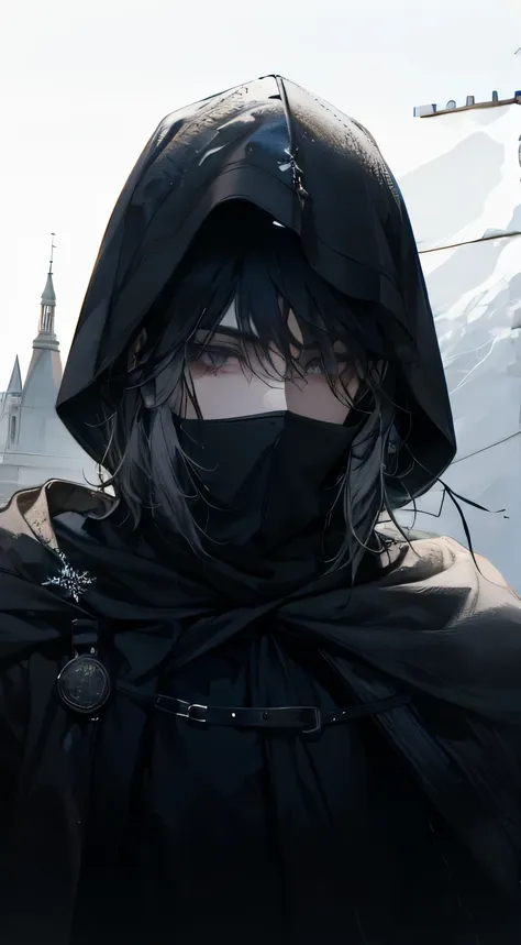 (best quality) (1 male), adult, (black hair with gray streaks), (gray eyes), hood on head, medieval theme, (dark mage), winter