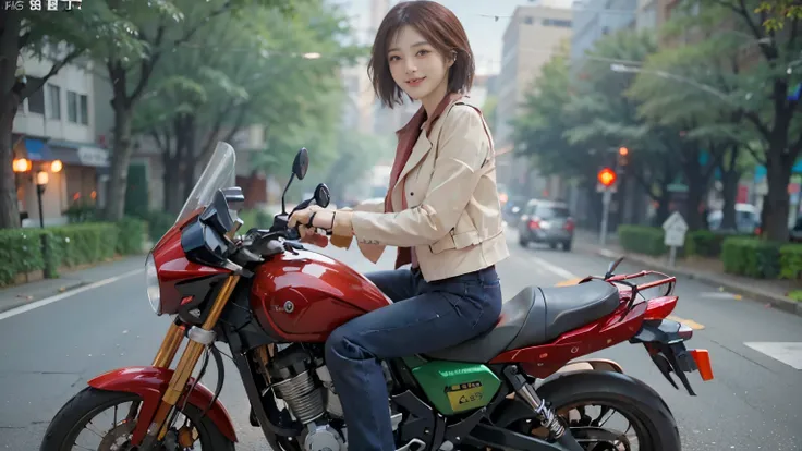 ((best quality)), ((masterpiece)), ((perfect face))、（Detailed Motorcycle）、Detailed and clear photos、((Beautiful woman riding a large street bike))、slender body、Moss green riding jacket and leather pants、smile、maroon short hair、spring breeze