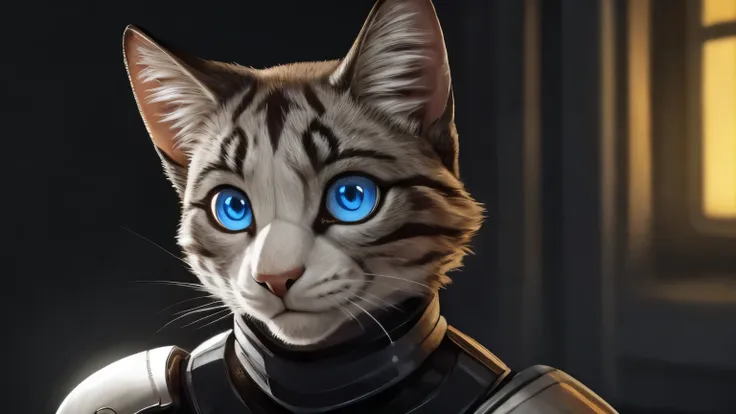 wallecat as iron man, cat,realistic portrait, blue eyes, galaxy on background, armor, marvel, symmetrical, highly detailed, digi...