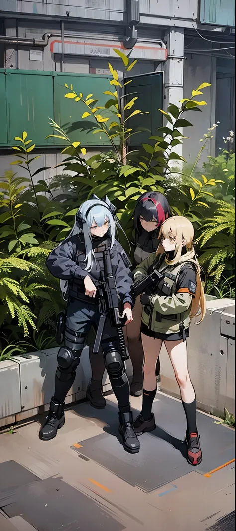 there are two people in uniform standing next to a truck, m4 sopmod ii girls frontline, cyberpunk outfits, wearing techwear and armor, in a cyberpunk garden, ready for combat, with rifle, in cyberpunk style, cyberpunk in foliage, girls frontline style, cyb...