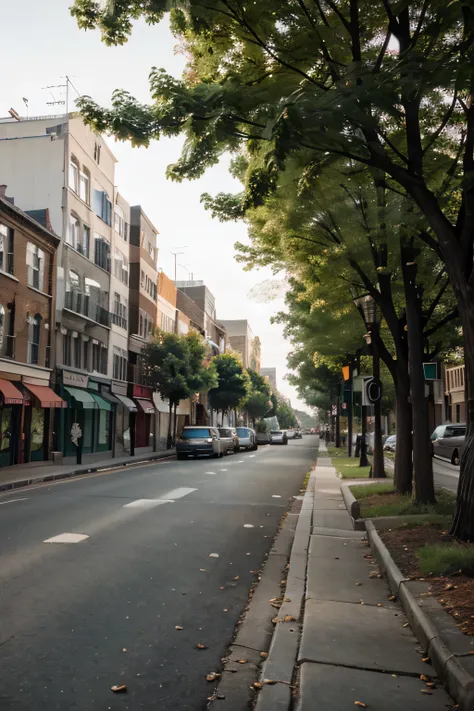 city street with trees, on which dollars grow instead of leaves, a man sees these trees and collects dollars