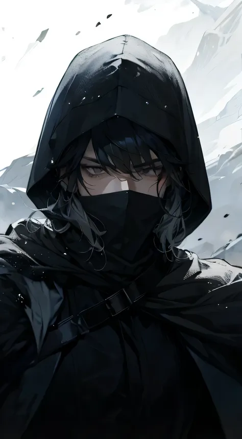 (best quality) (1 male), adult, (black hair with gray streaks), (gray eyes), hood on head, medieval theme, (dark mage), angry, w...