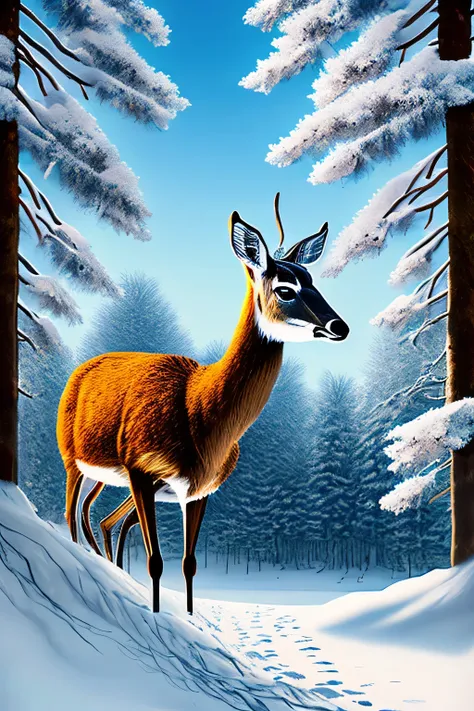 A stunning winter landscape opens up before you., where a graceful deer leisurely strolls. The forest is covered with pristine nature, Pristine white snow, with trees, tall and proud, against a fresh background, clear blue sky. The deer&#39;s elegant form ...