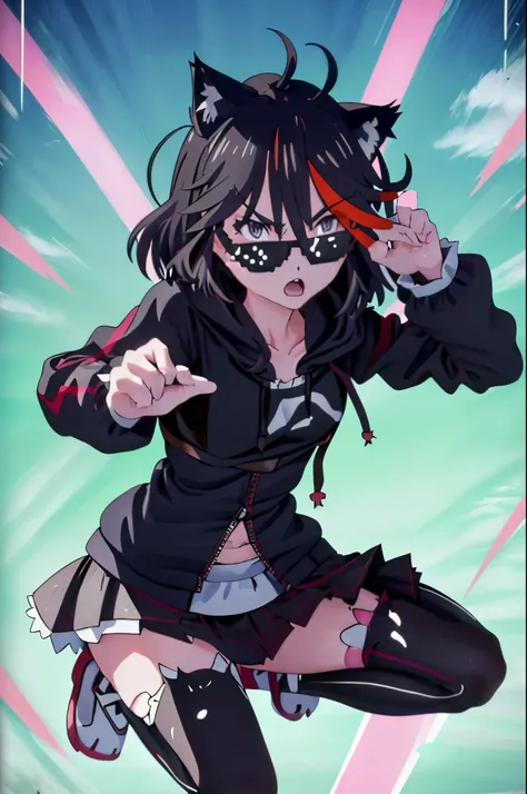 ryuuko matoi and nyannersbase, cat ears, hoodie, long sleeves, camisole, cat print, white skirt, cat ear legwear, asymmetrical l...