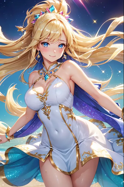 (High quality, High resolution, Fine details), shimmering background, (prismatic dress:1.2), sparkling accessories, solo, curvy women, long blond hair flowing in the wind, graceful pose, sparkling eyes, (Detailed eyes:1.2), smile, blush, Sweat, Oily skin, ...