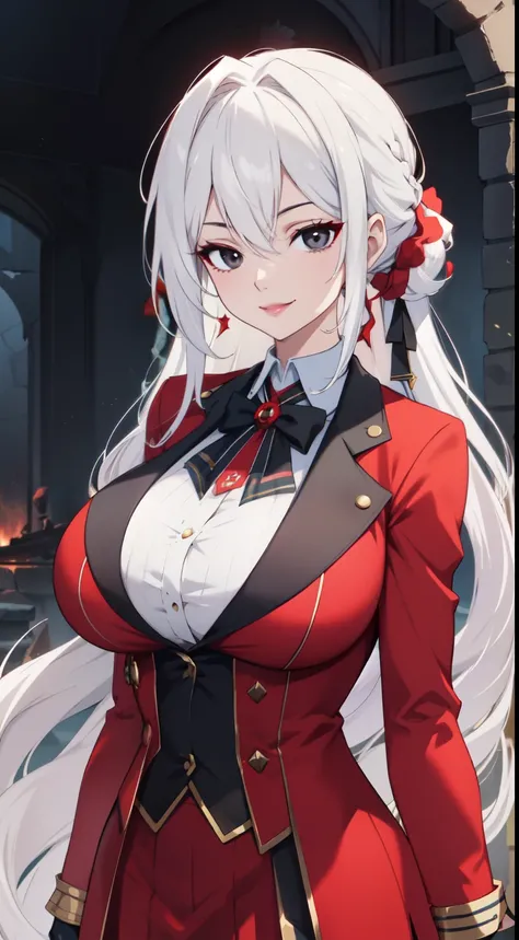 "4k, deep dark ruin without light, theres a elegant mature woman, White Hair, half braided hair, black eyes, huge breast wears  fantasy school academy uniform with red coat, she look cool, she have seductive smile."