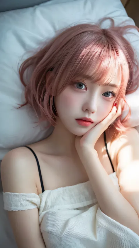 pieces fly, highest quality, figure, Super detailed, small details, High resolution, 8K,wallpaper, 完璧なダイナミックな構figure, beautiful and fine eyes, white camisole,short bob hair、pink hair color,Big Natural Color Lip, bold sexy pose,crying a little、cold gaze,har...