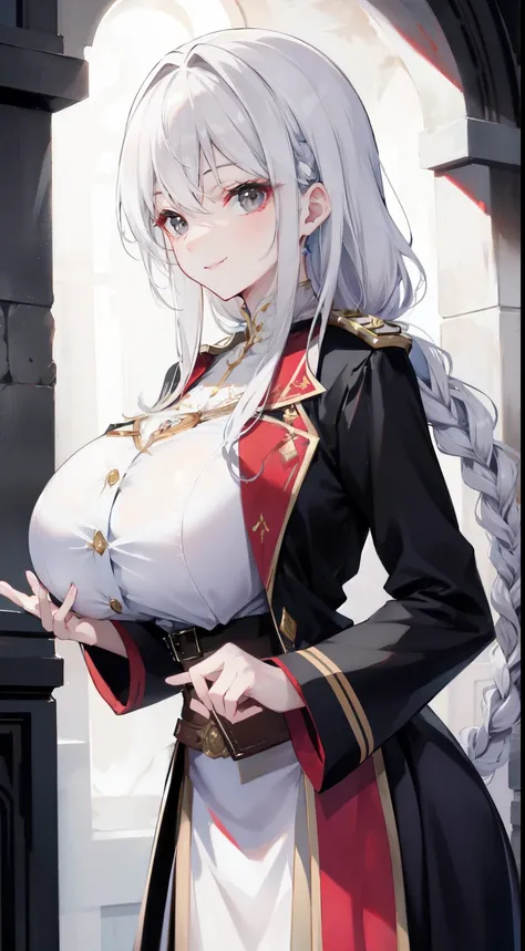 "4k, deep dark ruin without light, theres a elegant mature woman, White Hair, half braided hair, black eyes, huge breast wears  gryffindor academy uniform, she look cool, she have seductive smile."