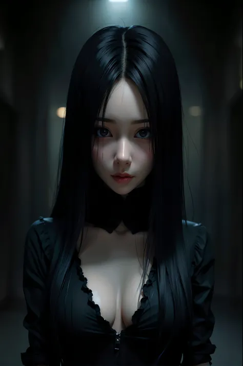 there is a woman with long black hair and a black top, artwork in the style of guweiz, cute face. dark fantasy, cruel korean goth girl, 3 d anime realistic, 3 d render character art 8 k, photorealistic anime girl render, photorealistic dark concept art, re...