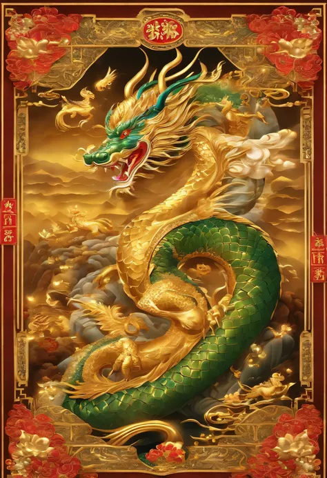 Seven lucky gods and the dragon are depicted together on a glittering background.。Seven lucky gods、each has its own unique appearance、symbolizes good luck and prosperity。..、All around them are full of gold and silver treasures。in the center, A huge dragon ...