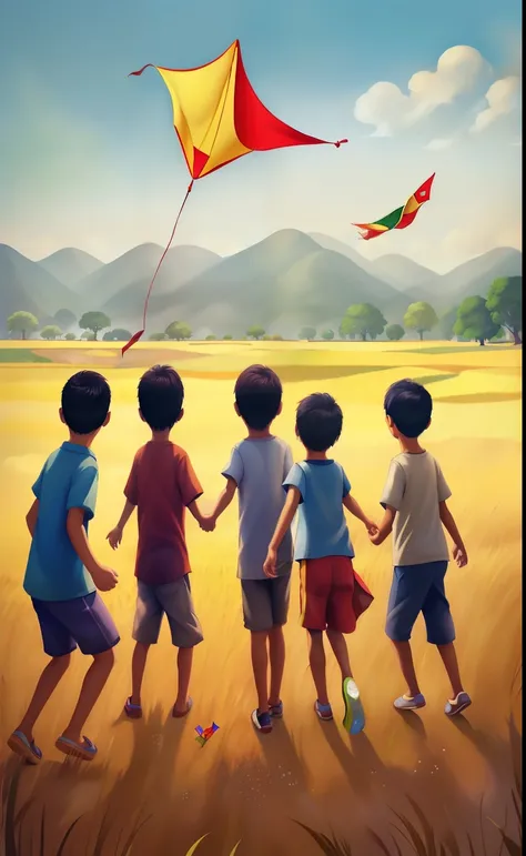 there are four boys and a girl running in the rice fields with a kite, kites, childrens art in artstation, by goro fujita, offic...