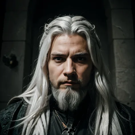 A powerful looking wizard with white hair and a beard. Er sieht nachdenklich und grimmig aus.