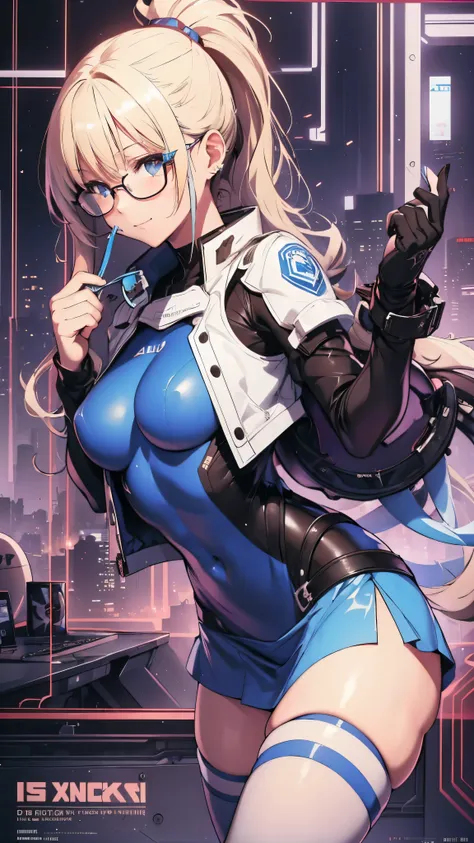 woman,14 years old,,city,night,(((white and blue tight miniskirt bodysuit))),,open mouth smile((See-through))(((Glasses))),((Beautiful long ponytail)),(()),blush、surprised face,((())),((blonde))(((On the way to changing clothes)))(((While undressing)))