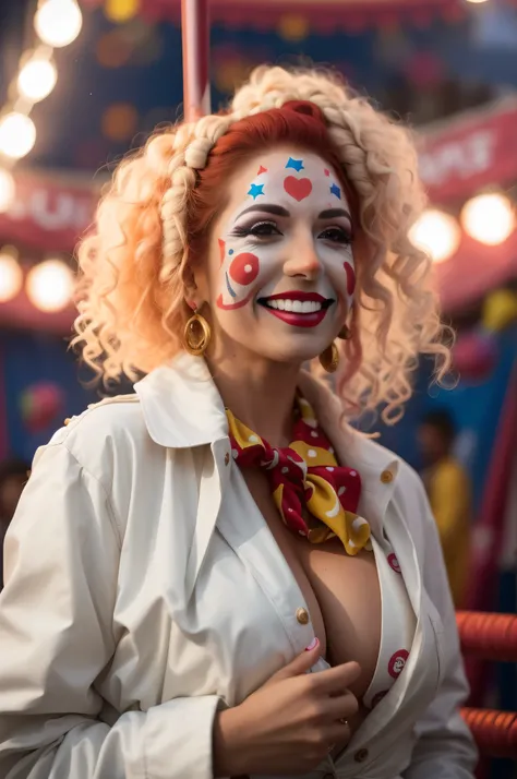 araffe clown with face paint and a scarf around her neck, portrait of circus artist, clown girl, wearing accurate clown makeup, wearing clown makeup, color ( sony a 7 r iv, cutecore clowncore, color portrait, clown makeup, murderous carnival freak, circus,...