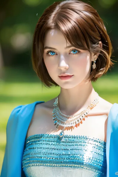 beautiful aristocrat girl with short red hair and blue eyes in fine clothes and jewels