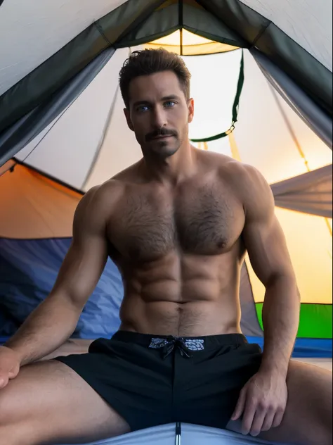 masterpiece, best quality, high resolution, closeup portrait, male focus, solo focus, a man, hiker, 35 years old, bare chest, dimples, pretty face, attractive, cute smirk, short trimmed mustache and goatee, hairy legs, in a tent, in the background a tent, ...