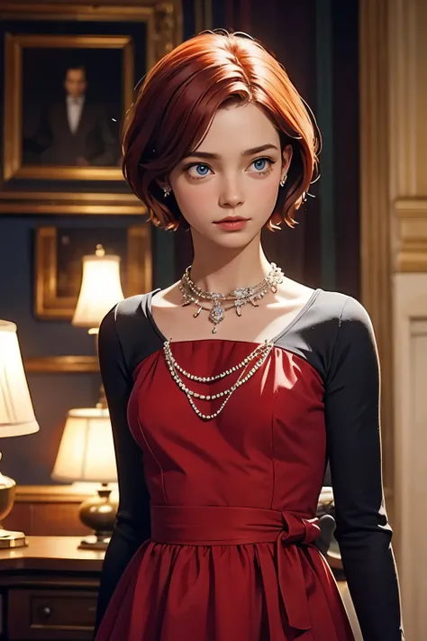 beautiful aristocrat girl with short red hair and blue eyes in fine clothes and jewels