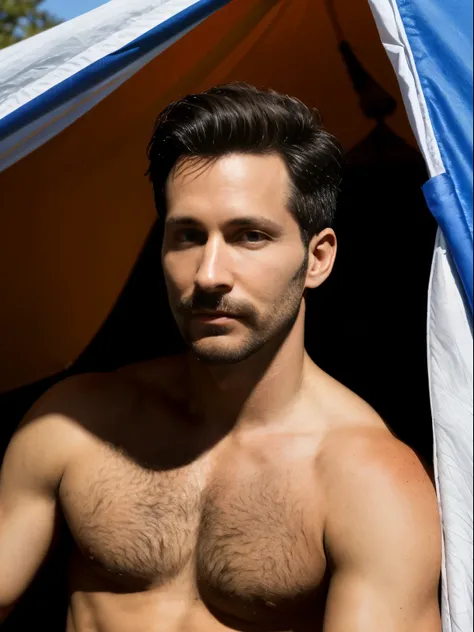 masterpiece, best quality, high resolution, closeup portrait, male focus, solo focus, a man, hiker, 35 years old, bare chest, dimples, pretty face, attractive, cute smirk, short trimmed mustache and goatee, hairy legs, in a tent, in the background a tent, ...