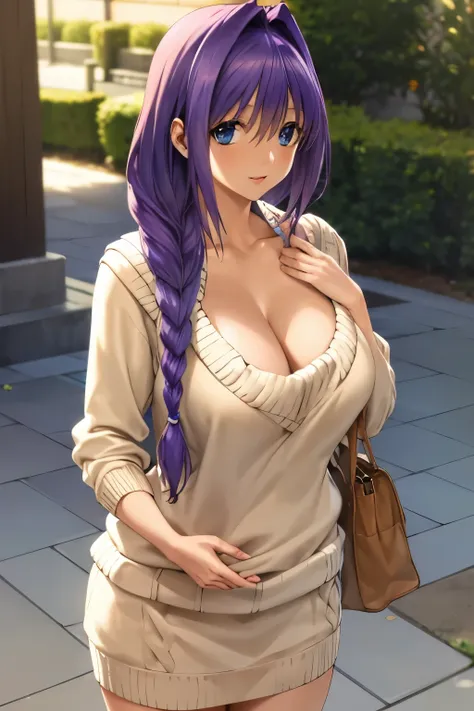 Masterpiece, (the best quality), 1 woman, 1 girl, okra, long hair, purple hair, blue eyes, braids, single braids, hair entrances, over shoulder hair, (mature women), skirts, sweaters, sweaters, giant breasts, cleavage, plump soft breasts, (very soft breast...