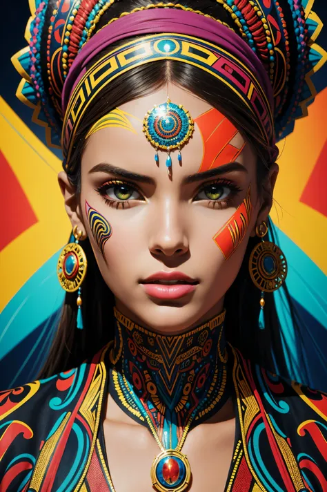 A vibrant and colorful portrait inspired by Afrofuturism. A Alessandra Ambrosio wearing an intricately patterned headscarf is depicted in a dynamic pose, exuding confidence and grace. The style draws inspiration from the works of Dmitri Danish and Rhads, s...