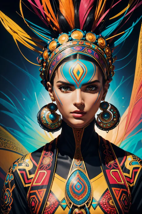 A vibrant and colorful portrait inspired by Afrofuturism. A Alessandra Ambrosio wearing an intricately patterned headscarf is depicted in a dynamic pose, exuding confidence and grace. The style draws inspiration from the works of Dmitri Danish and Rhads, s...