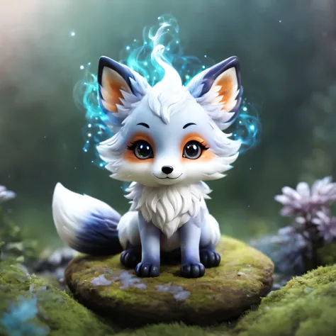 Magical creatures, cute chibi fox, magic fox, Fox with magic aura and white smoke, round eyes, (masterpiece), (highest quality), (Ultra high detail)